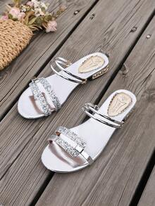 Luxury Metal Rhinestone Roman Sandals, Double Strap Open Toe Low Heel Shoes, Comfortable Versatile Casual Vacation Slip-On Flats For Women - Silver - View 7