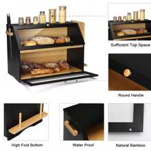 Double-Layer Bamboo And Wood Bread Storage For Kitchens Household Countertop  Double-Door Layered Design Features A Transparent Flip-Top Top Capacity To Store Multiple Types Of Bread Baked Goods Simultaneousl The Top Shelf Can Also Hold Spice Jars - View 5