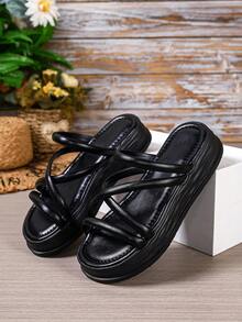Sandal nữ, Sandal nữ tối giản màu trắng đế dày nhiều quai - Đen 1 - Xem 2