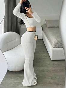 Sexy And Comfortable Elasticated Low-Waisted Flared Pants Set, Perfect For Spring - 白色的 - 查看 3
