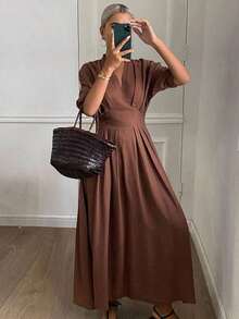 Vestido midi casual de mujer con cuello en V, unicolor, vestido de verano de otoño - Caqui - Ver 3