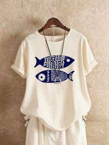Women's Plus Size, Lightweight, Loose-Fitting, Short-Sleeved T-Shirt With Round Neck And Blue And White Fish Print, Suitable For Summer, Fashionable Casual Summer Top, Loose Fabric Without Elasticity. - 杏 - 查看 6