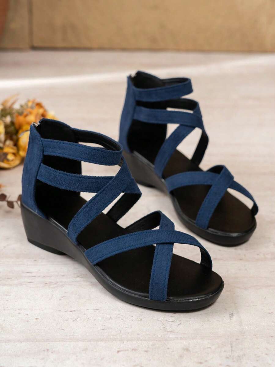 Giày sandal nữ kiểu La Mã quai chéo, đế xuồng, khóa kéo phía sau, thoáng khí, tối giản, đế dày, đa năng cho sử dụng hàng ngày, dạo phố, đi biển và du lịch. - Xanh đậm - Xem 1