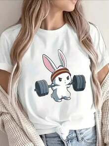 1 pieza de camiseta de manga corta, ligera y duradera, con un diseño de un lindo conejo levantando pesas, perfecta para estar en casa o para el gimnasio, ofreciendo un aspecto cómodo y divertido para el uso diario. 180g, 100% algodón, los diseños están impresos. Unisexo. - Negro - Ver 7