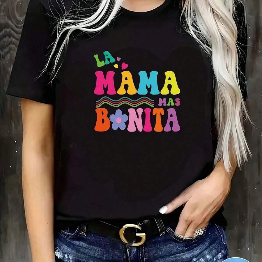 NewSummerCasualCamiseta para Mujer La Mama Mas Bonita Estilo Colorido y Divertido con Diseño de Letras Multicoloras Ideal para Mamás Modernas y Estilosas Talla Regular y Cómoda para Uso Diario-Vintage Street Style Unisex Loose Cotton Short Sleeve Crew Neck T-Shirt - Negro - Ver 1