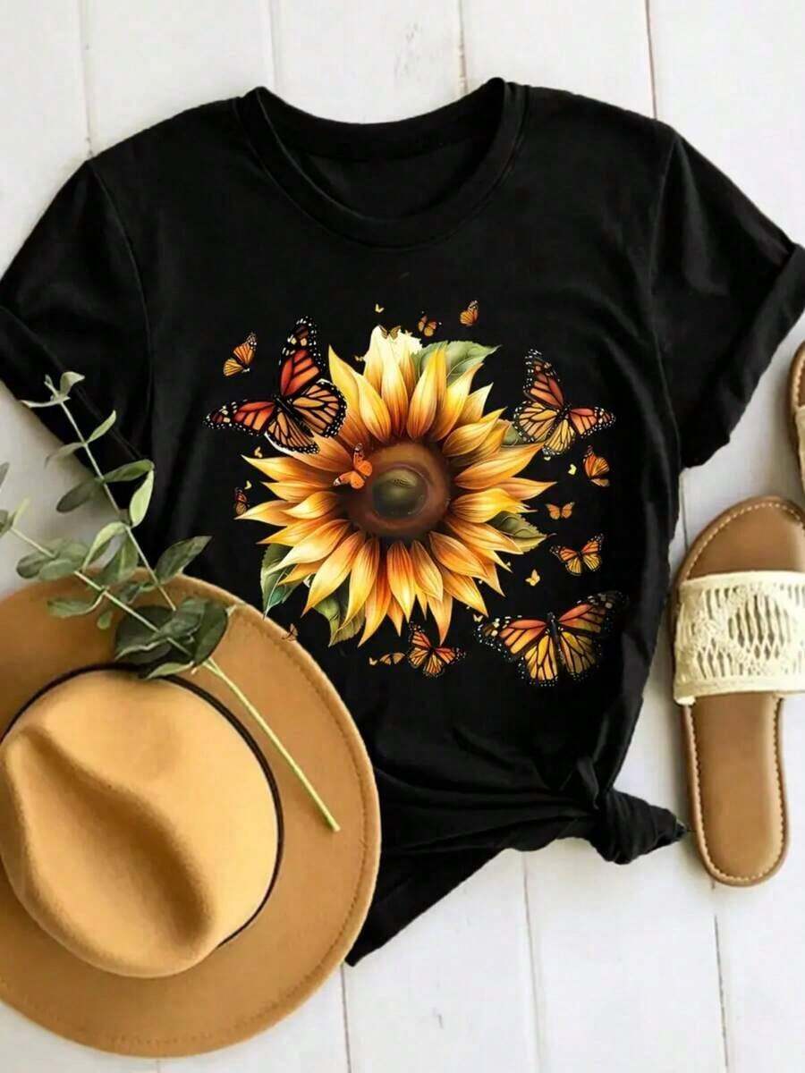 Nueva Camiseta Casual de Verano para Mujer con Estampado de Girasol y Mariposa, Camiseta de Manga Corta con Cuello Redondo, Ropa de Mujer para Primavera-Verano, Casual, Cómoda y Versátil, Entrega Local, 100% Algodón, Transpirable y Cómoda - Camiseta Unisex de Manga Corta, Cuello Redondo, Estilo Vintage Urbano, de Algodón Suelto. - Negro - Ver 1