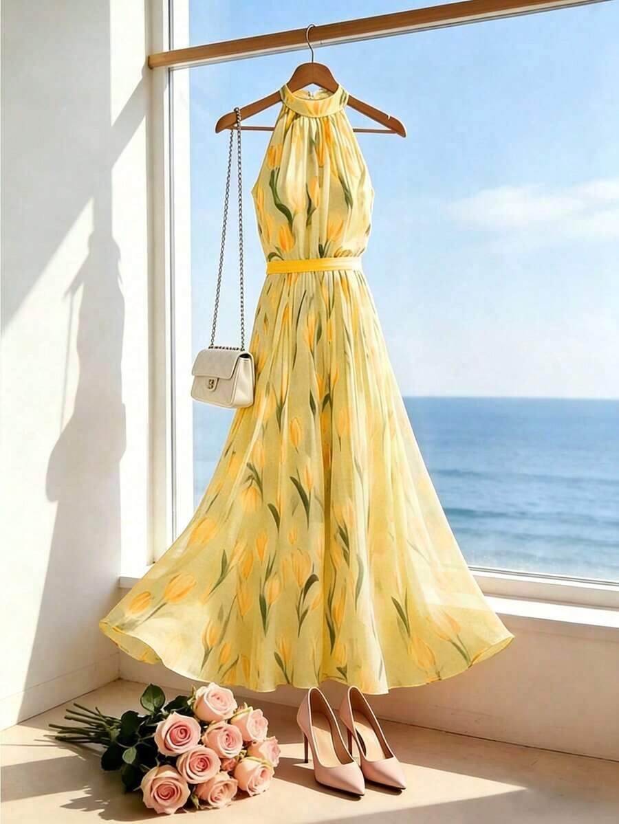 Vestido de mujer con estampado digital, cuello halter y cintura ajustada, adecuado para vacaciones en la playa y viajes - Amarillo - Ver 1