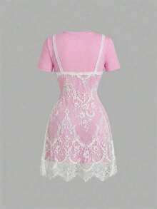 MOD Vestido mini de verano de moda con cuello redondo y manga corta, con parches de encaje - Rosa - Ver 4