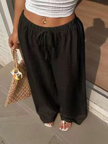 Plus Size Women Summer Casual Loose Solid Color Wide Leg Pants Black - Black - View 3