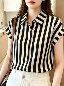 Women's Summer Casual Loose Slimming Batwing Sleeve Short Sleeve Shirt Striped Top Lapel Single-Breasted Design Folded Collar Simple Elegant Vacation - Apricot Curry - View 14