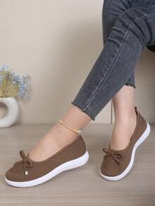 Women's Solid Color Knitted Mesh Slip-On Shoes, Minimalist Elegant Lightweight Breathable Flat Shoes, Comfortable Bow Ballet Shoes For Daily Walking - Brown - View 4