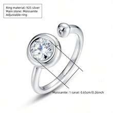 KAHOOT 1 Carat Round Moissanite 925 Sterling Silver Ring, Fashion Classic Versatile, Adjustable Open Design, Suitable For Daily Wear, Wedding, Banquet, Party, Travel, Vacation And Other Occasions, Perfect Choice For Valentine's Day, Christmas, Halloween, Thanksgiving, New Year, Mother's Day, Father's Day, Easter, Birthday, Anniversary Or Coming Of Age Ceremony - Silver - View 11