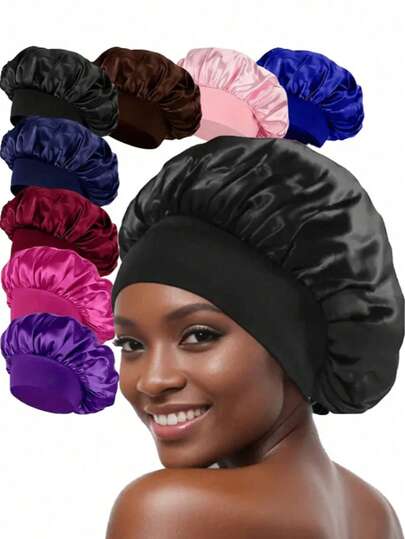 8pcs/Set Luxury Elegant Stretchy Silk-Like Sleeping Cap, Satin Hair Cap, Soft Elastic Band Silk Sleep Cap, Curly Silk Hair Scrunchies, Suitable For Ladies And Girls To Use For Makeup, Cooking, Sleeping, Washing And Cleaning (8/3/1pc Options)