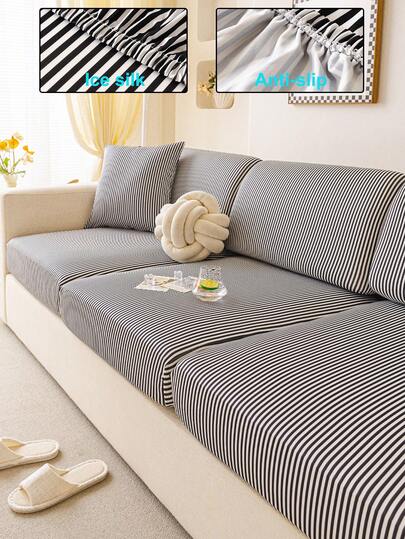 1pc Summer Printed Ice Silk Elastic Sofa Cover, Solid Color Jacquard Design, Anti-Slip Anti-Dirty Durable Washable, Holiday Decor Home Protection, Suitable For 1/2/3/4 Seater Sofa Cover, Autumn Decor, Room Decor, Back To School, School Supplies