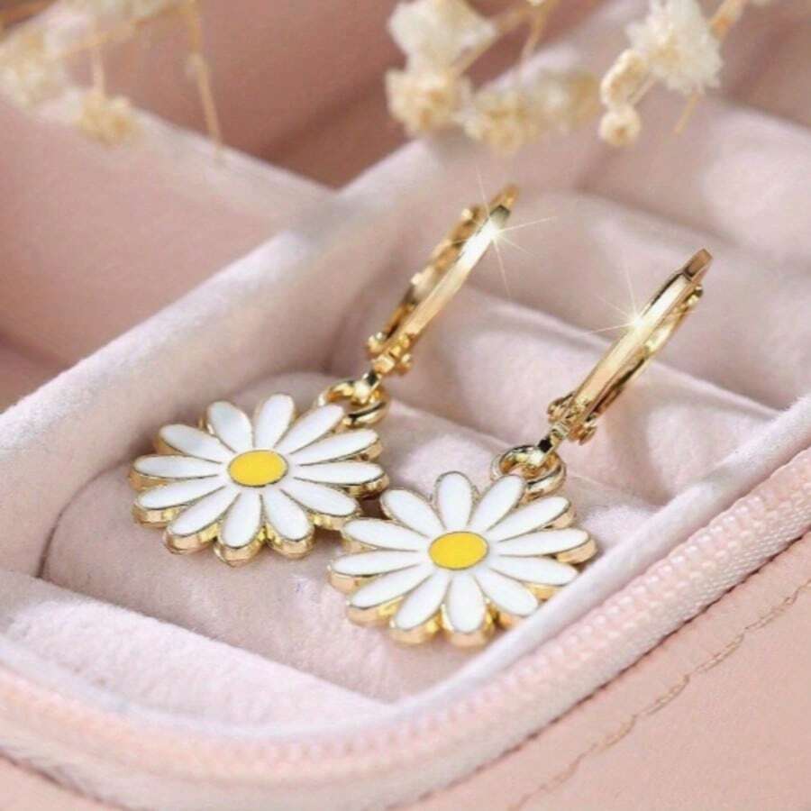 1 Đôi bông tai vòng hoa cúc trắng, kiểu dáng thanh lịch, tươi tắn kiểu Pháp dành cho nữ. - cúc nhỏ - Xem 1
