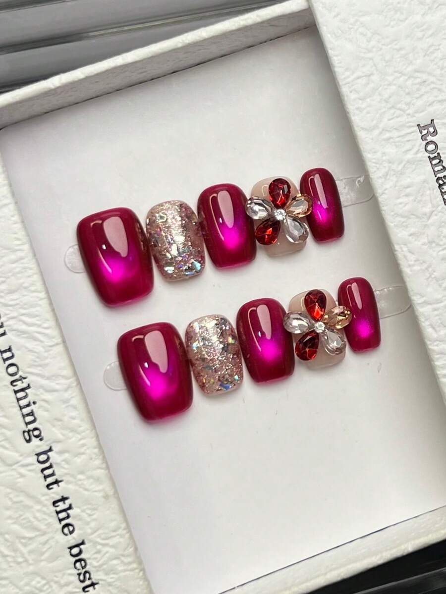 10pcs Handmade Square Nail Stickers, Minimalist Rose Pink, Shiny Cat ...