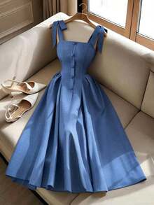 Nuevo vestido largo elegante y versátil para mujeres con textura de tiras y tejido bicolor ajustado para uso diario - Azul - Ver 8