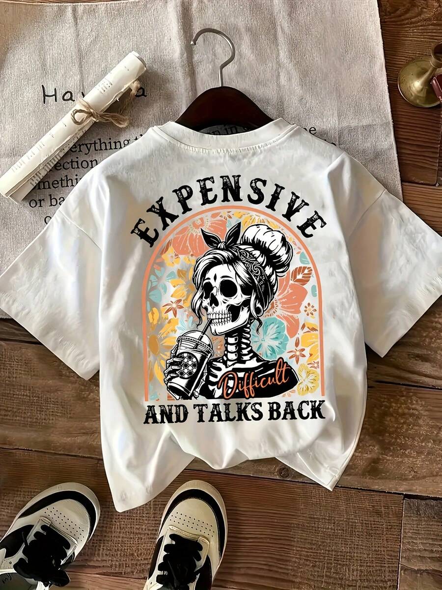 Women's Double Print T-Shirt, Front: Halloween Pumpkin With Bats, Back: Female Skeleton With The Phrase 'Expensive, Difficult, And Talks Back', Colorful And Attitudinal Graphic Design T-Shirt, Casual Women's Top With Urban And Rebellious Style - 白色 - 查看 1