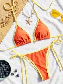 Random Floral Print Bikini Set For Beach Vacation - Orange 2 - View 3