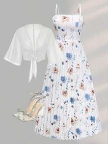 Women's Elegant Ditsy Floral Chiffon Dress With Shawl, 2 Pieces Set Spring Summer - Multicolor - View 13