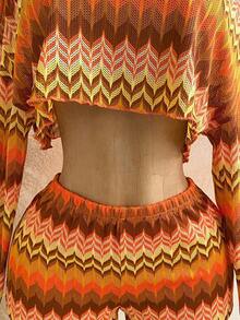 Casual 2-Piece Set Consisting Of A Cropped Top With An Irregular Neckline And Lettuce Hem, And Shorts, In A Solid Color, For Vacation, Spring/Summer - Orange - View 11