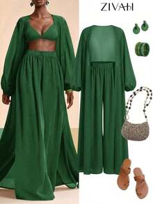 Conjunto de bata y pantalones de pierna ancha de unicolor para mujer, conjunto informal de cubrecuerpo para resort - Verde - Ver 8