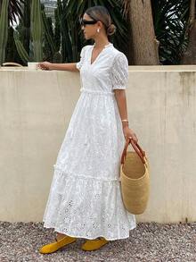 Vestido largo de manga abullonada con cintura anudada, escote bordado y volantes calados, vestido de playa bohemio para vacaciones - Blanco marfil - Ver 4