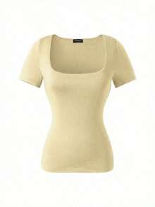 Blusa de manga corta con cuello cuadrado, elegante y versátil, adecuada para uso diario, ir al trabajo y salir, primavera y verano - Amarillo - Ver 6