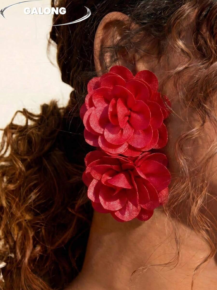Pendientes con flor 3D naranja-roja en floración, diseño de pétalos en capas hecho a mano, pendientes inspirados en vacaciones vibrantes, imprescindible para un perfil lateral radiante