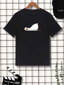 Cartoon Duck Pattern Round Neck Short Sleeve Casual T-Shirt - Black - View 3