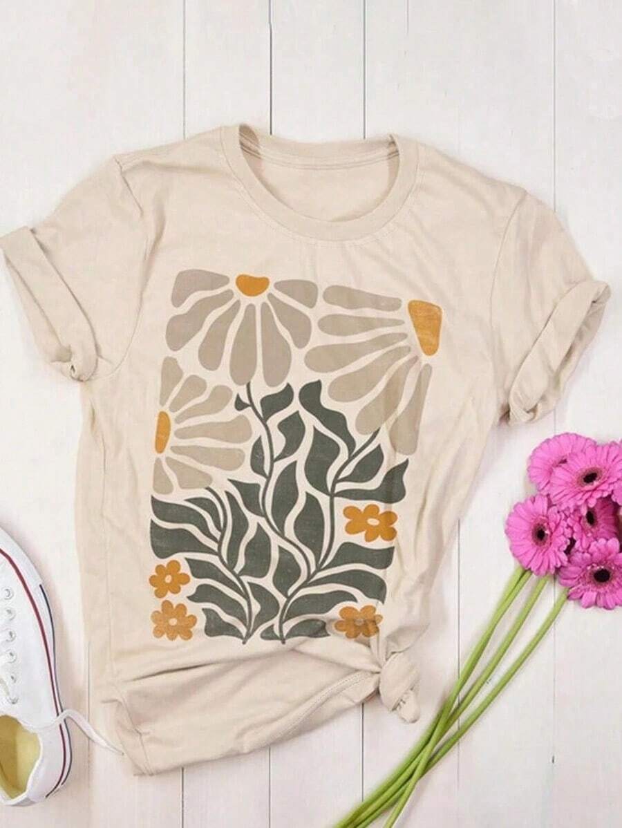 Women's Crew Neck T-Shirt With Plant Print 2026, Graphic Tees, Tops For Women - 杏色 - 查看 1