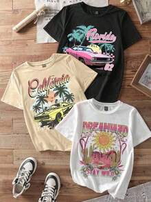 Single Garment, Not A 3-Piece Set. 1 Piece/Set Of Short-Sleeved T-Shirts Suitable For Streetwear, Daily Outings, Camping, Concerts, Hip-Hop, Rock, And Rap Events. Unisex Short-Sleeved Crew Neck T-Shirt, Designed By Y2K Artists In The Bababask Style, Made Of 100% Pure Cotton. They Are Casual And Versatile, Suitable For Streetwear, Daily Outings, Camping, Concerts, Hip-Hop, Rock, And Rap Events. Set Of Modern Printed T-Shirts With A Retro Design Of Cars, Sun, And Landscapes – Comfortable And Youthful. - 白色 - 查看 2
