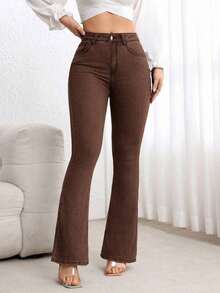 Jeans de talle alto con vuelo de unicolor simple para uso casual y de oficina de las mujeres - Albaricoque - Ver 5