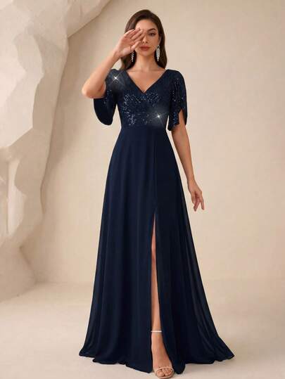 UNITHORSE Sequin Patchwork Chiffon Formal Dress, Black Elegant Gown For Prom, Banquet, Wedding Guest, Suitable For Graduation Ceremony, Evening Party, Bride Dress, Birthday, Graduation Spring