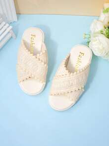Girls' Beige Woven Wool Ball Thick Soled Slippers, Bohemian Style Cross With Sloping Heels, 2026 Summer New Item - Beige - View 6