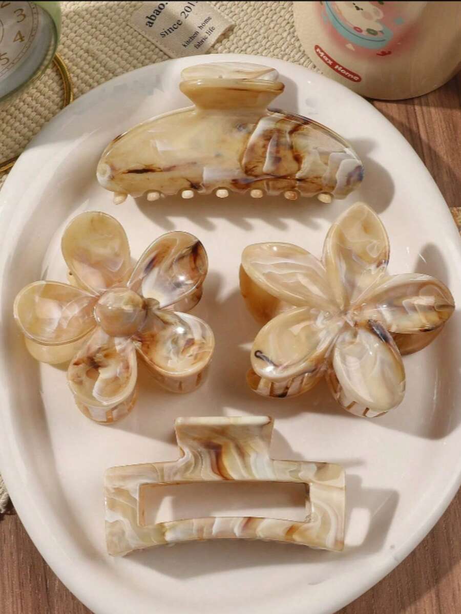 1个/2个/3个/4个/ABS材质 春夏波西米亚甜美卡其色大理石纹半月形鸡蛋花方形花朵组合发爪沙滩海边盘发发饰 - 彩色 - 查看 1
