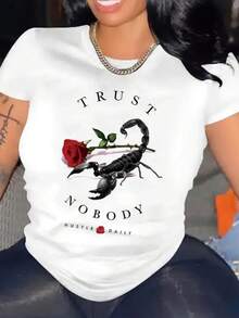 Letter Print T-Shirt, Round Neck, Short Sleeve, Casual Style, Spring Summer, Casual Fashion For Women - 白色 - 查看 6