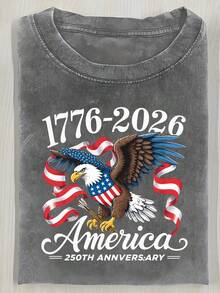 One 230g Water-Washed T-Shirt, Model 17762026, A Vintage Pink, Distressed-Look T-Shirt Celebrating The 250th Anniversary Of The Founding Of America, With White Text And A Bald Eagle Design With The Stars And Rays Flag. This Patriotic-Themed T-Shirt Is Perfect For Independence Day. 180g 100% Cotton - 灰色 - 查看 6
