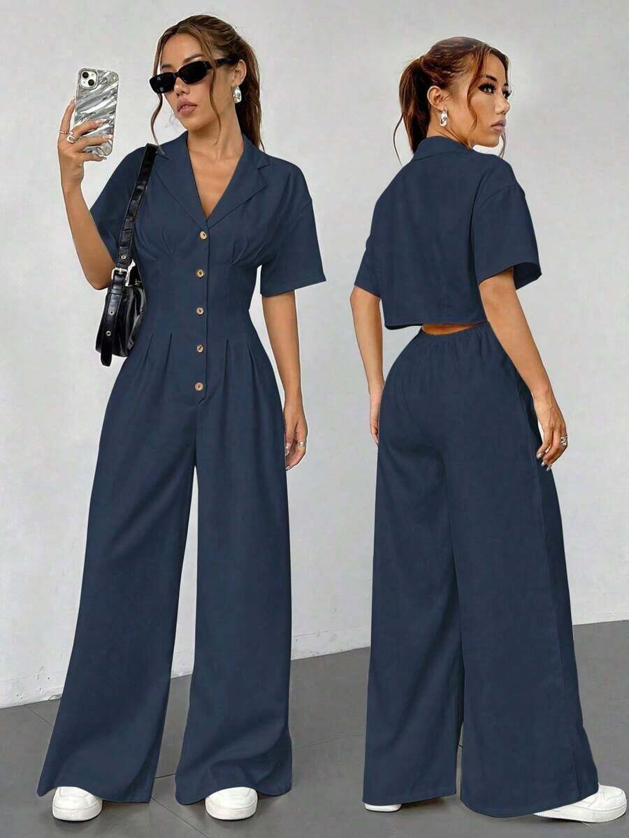 MOOSTA Mono de verano minimalista de unicolor con botones y media cartera para mujeres - Azul marino - Ver 1