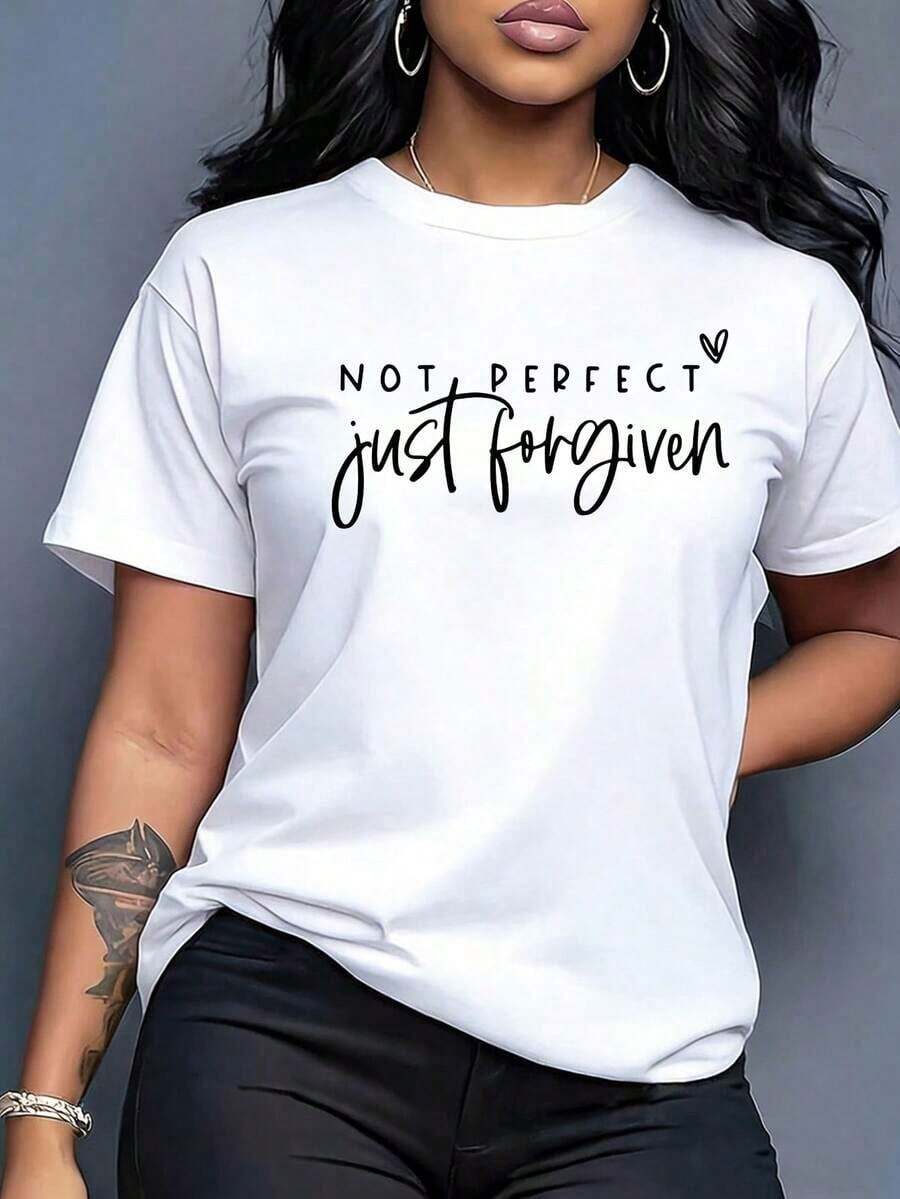Camiseta de manga corta para mujer con estampado de letras y el mensaje "No soy perfecta, solo perdoname", una camiseta cristiana, regalo religioso, camiseta bíblica, fe en Jesús, lavable a máquina. Casual. - Blanco2 - Ver 1