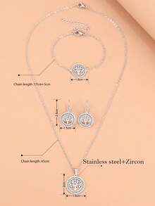 Stainless Steel Jewelry Set Featuring Lucky Tree Pendant With Elegant Crystal & Rhinestones Decor, Necklace, Bracelet, Earrings, Perfect As Wedding Gift For Women - Silver - View 3