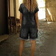 Spring 2026 Short-Sleeved Multi-Pocket Shirt Washed Denim Jumpsuit Shorts - Màu xanh lam - Xem 3