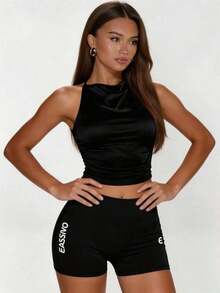 Shorts deportivos de verano de cintura alta con dobladillo dividido de unicolor - Negro - Ver 12