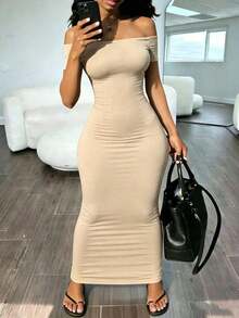 Vestido elegante de unicolor con hombros descubiertos y mangas cortas ajustado para mujer - Beis - Ver 3
