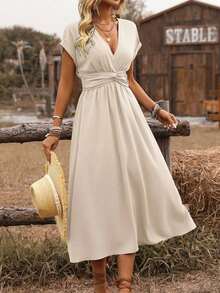Vestido midi de manga abullonada con escote cruzado, cintura fruncida y espalda retorcida en estilo bohemio occidental casual para primavera/verano de mujer - Albaricoque - Ver 6