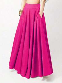 Falda larga casual de unicolor con bolsillos laterales, primavera negro - Rosa Fucsia - Ver 1