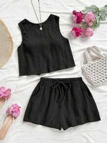 Top sin espalda con textura y lazo, holgado y casual para vacaciones, shorts casuales con elástico en la cintura y bolsillos, para playa y mar - Negro - Ver 6