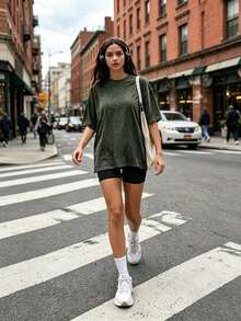 EWH 230g Thick Unisex Washed Vintage Oversized T-Shirt Street Hip Hop Punk Harajuku Casual Cotton Shorts DG004 - 軍綠色 - 查看 6
