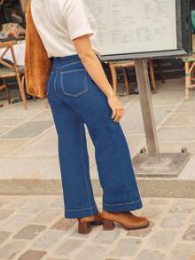 Plus Size Women High Waist Elastic Waist Loose Fit Flare Leg Jeans, Comfortable Casual Daily Wear Spring - Blue - View 6
