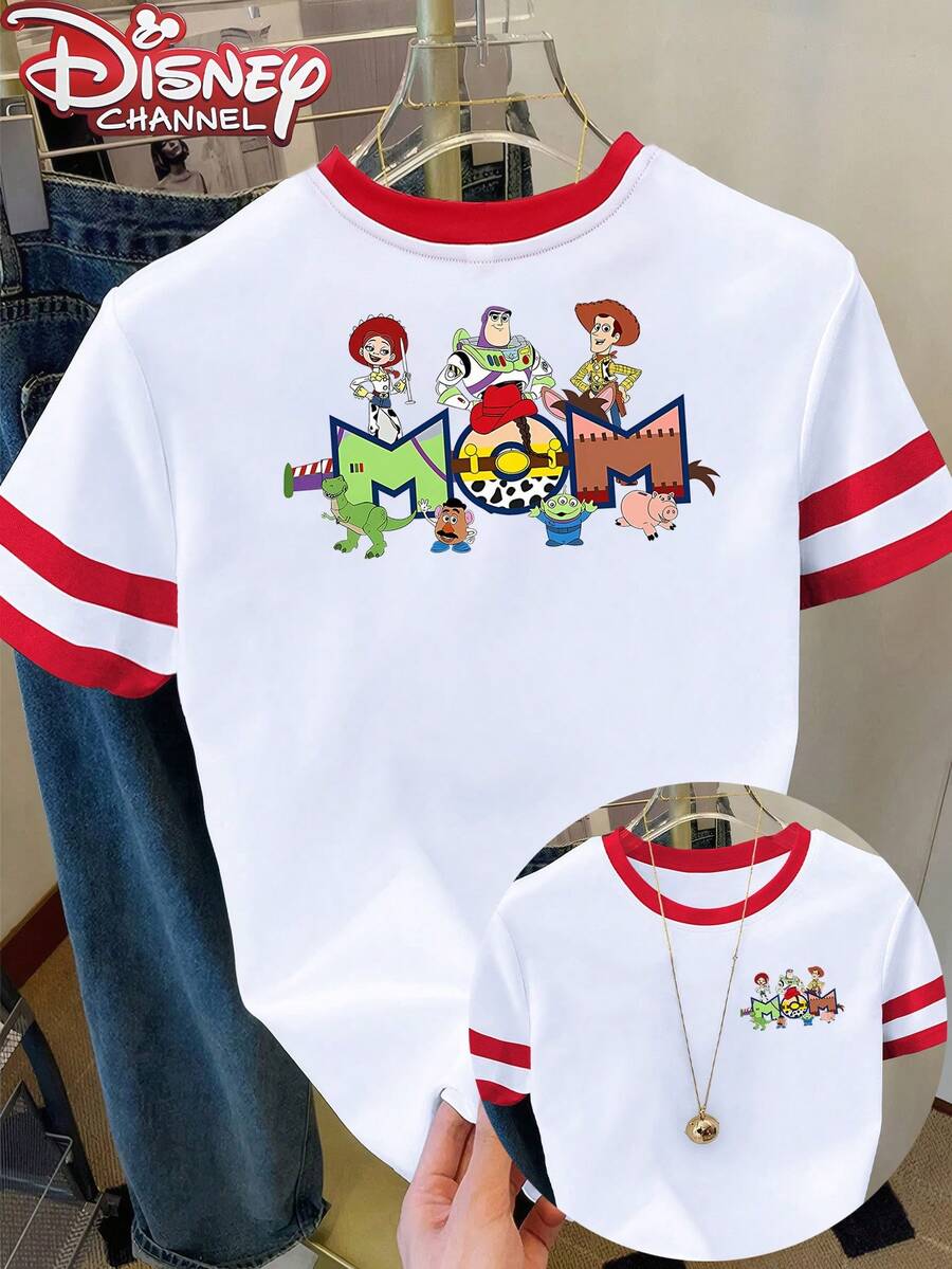 Disney Toy Story Full Role MOM Letter Decoration Parent-Child Wind Printing Design Sense Off The Shelf Ladies Contrast Red Edge Round Neck Short-Sleeved T-Shirt Red And White Neckline And Cuffs Stitching Casual Ovsivintage Women's Blouse Daily Outdoor Leisure Wear, Suitable For Spring And Summer Women's Wear, Disney Short Sleeves, Summer Women's Wear, Officially Authorized Disney T-Shirts, Disney Spring And Summer Men's And Women's Fashion Short-Sleeved T-Shirts, Unisex, Couple Shirts, Gifts. - trắng - Xem 1